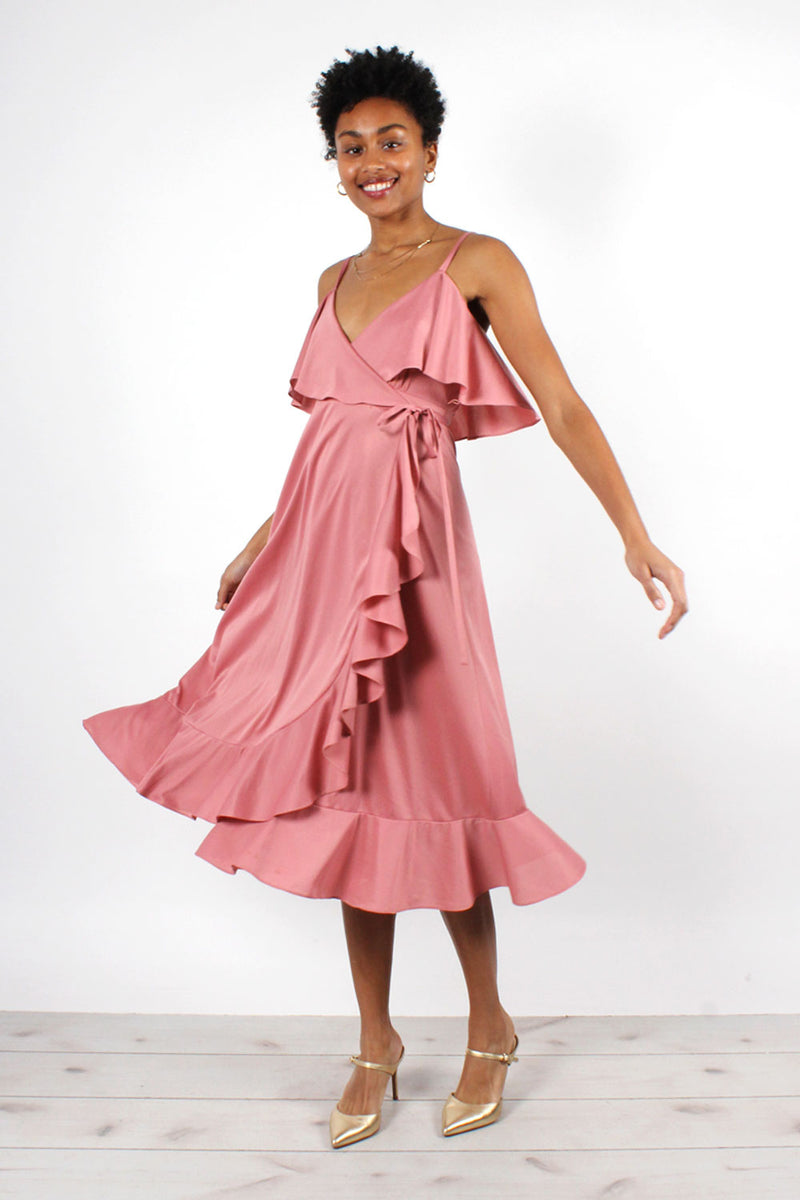 pink ruffle wrap dress