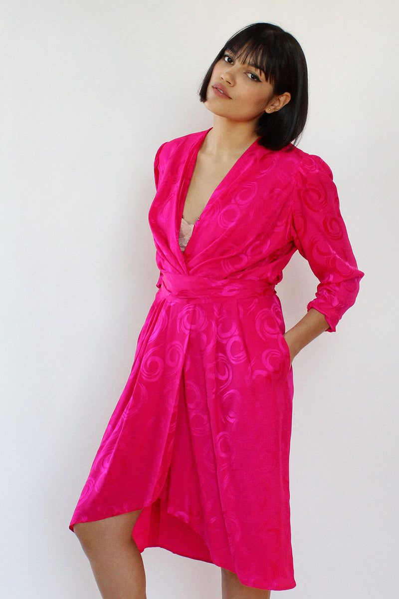 hot pink satin wrap dress