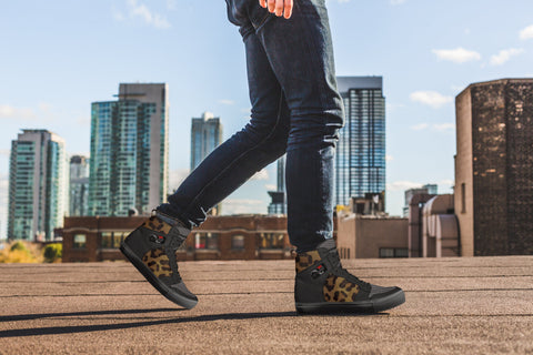 Man walking wearing custom Italian Leather Handmade Sneakers Italy Cheeta Pantha