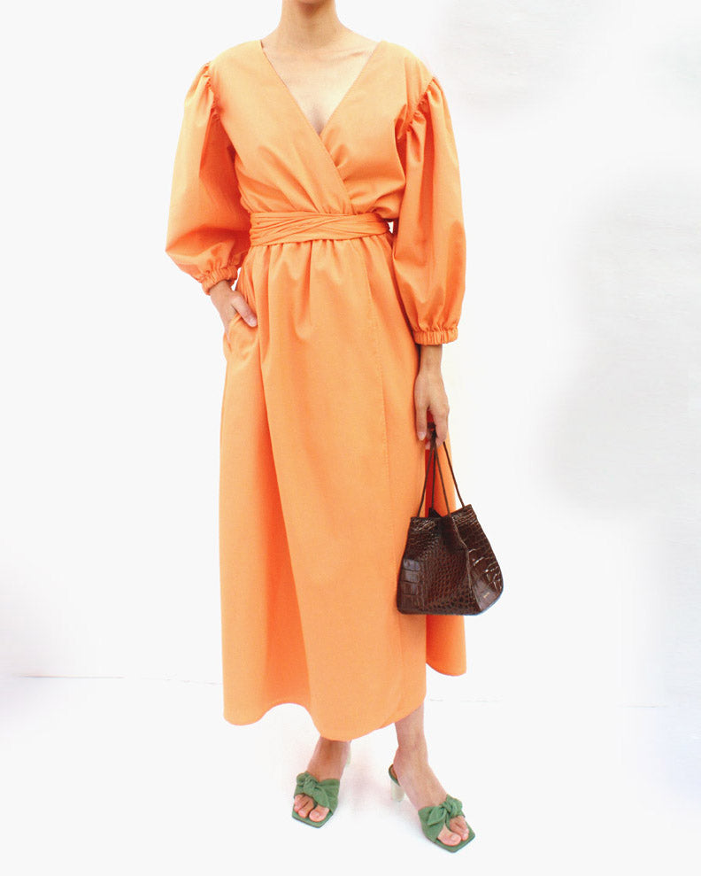 orange wrap around dress