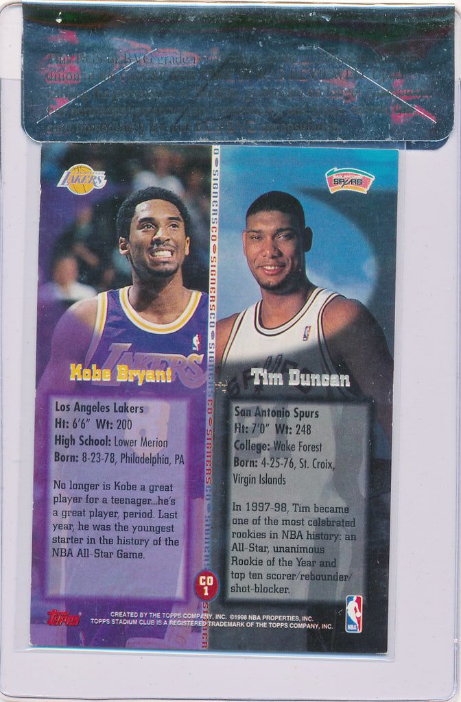 Topps 1998-1999 Stadium Club Co-Signers #CO1 Tim Duncan / Kobe Bryant C010  / BGS Grade 7.5 / Auto Grade 9