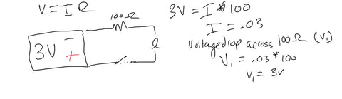 simple circuit voltage drop, 100 ohms resistance