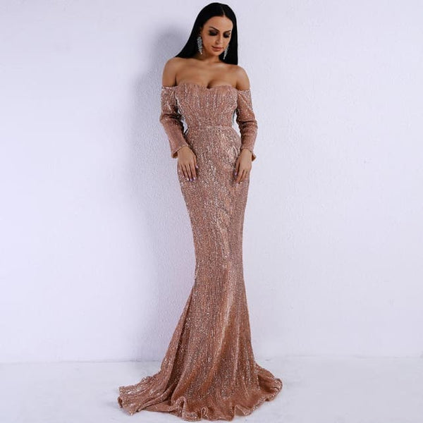 Brooke Off Shoulder Backless Floor Length Sequin Dress