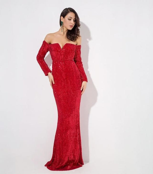 off the shoulder red sequin dress