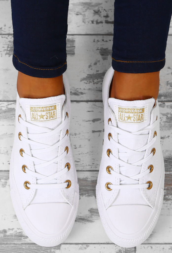 white leather converse with gold eyelets