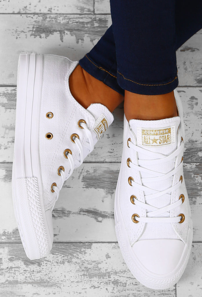 converse white & gold rose gold eyelets ox trainers