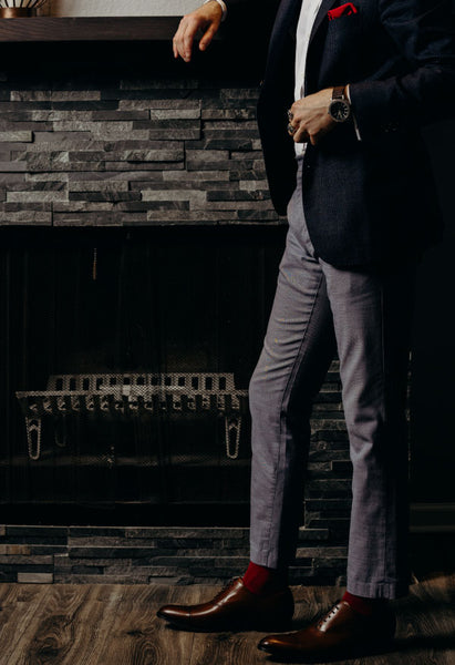 Navy Patterned Blazer with Grey Slacks