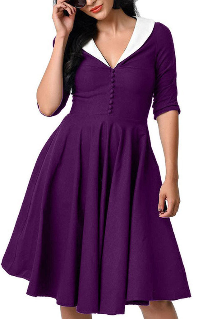 purple fit and flare dress with sleeves