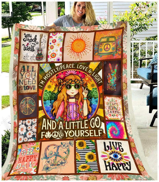 I'm Mostly Peace Love And Light Hippie Girl Camping Fleece Blanket