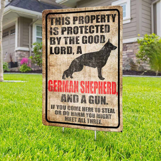 Protected By The Good Lord, A German Shepherd And A Gun Yard Sign (24 x 18 inches) - GIFTCUSTOM
