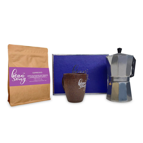 Espresso Ground Beans with Mokapot & Coffee Husk Mug | Gift Hamper | Brown Living
