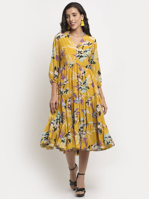 Yellow Printed Tier Dress | Brown Living