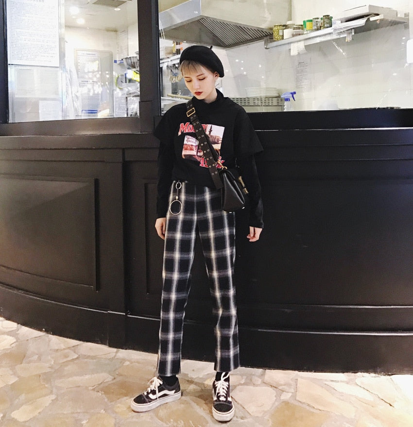 black and white plaid pants outfit