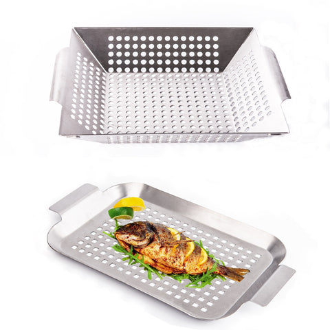 Best Vegetable Grill Basket Grill Pan with Handles- Set of 2 - Outdoor Stainless Steel BBQ Accessories Tools Smoker Pan Smoker basket for fish veggies tenofo.com