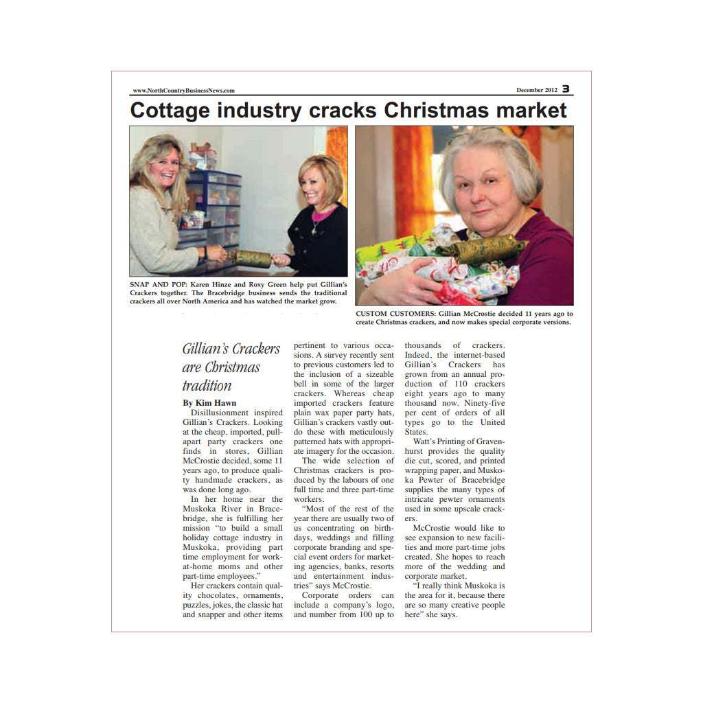 Press article about Elves Best Christmas Crackers - North Country Business, Dec 2012