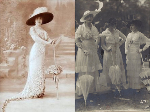 Edwardian ladies leaning on their parasols.