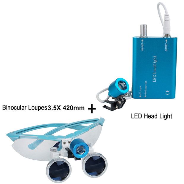 Dental Surgical Medical Binocular Loupes 3.5X 420mm Optical Glass  Loupe+dental LED Head Light Lamp (Blue)