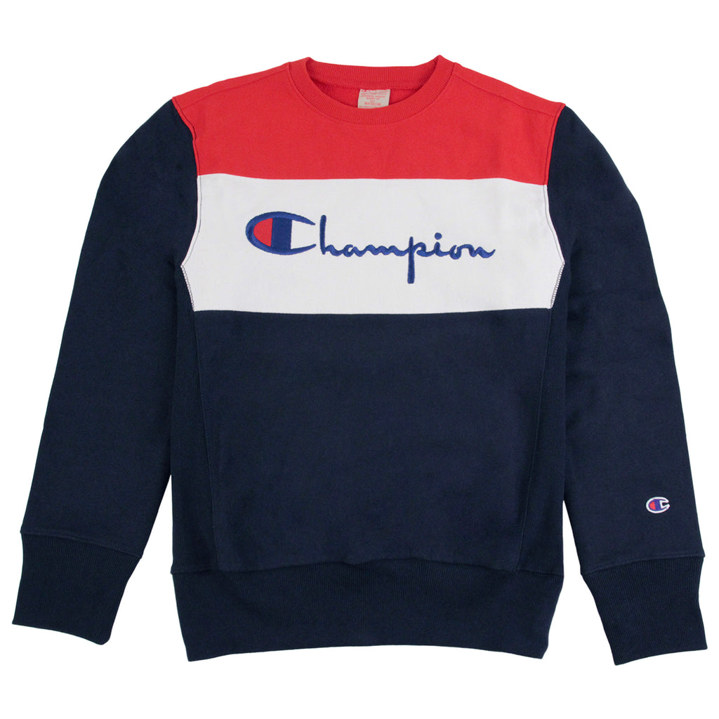 champion blue red and white sweatshirt