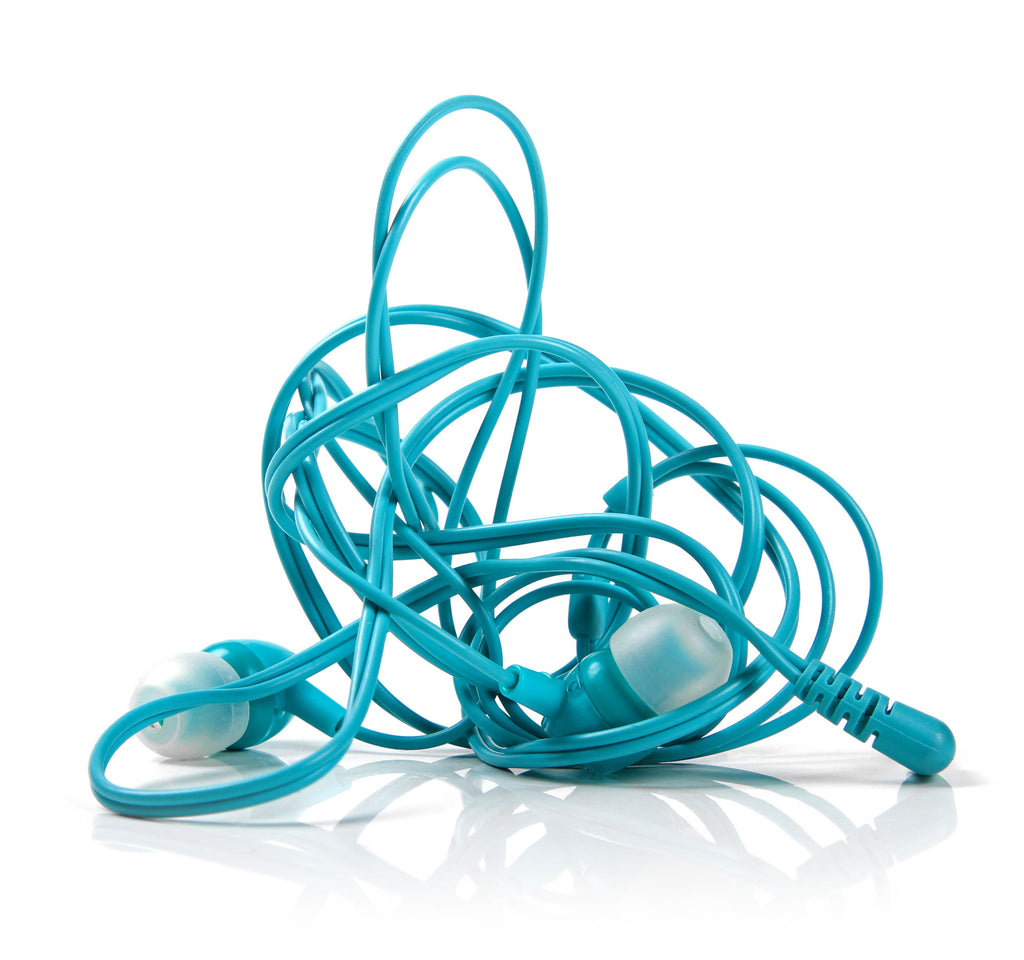 Tangled blue earphones isolated on white background