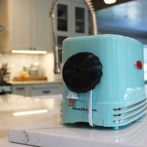 blue retro toaster cord with white kitchen background cord organization
