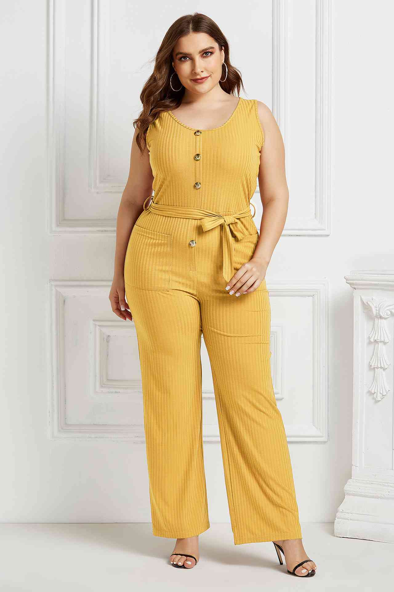 Plus Button Detail Tie Waist Jumpsuit with Pockets