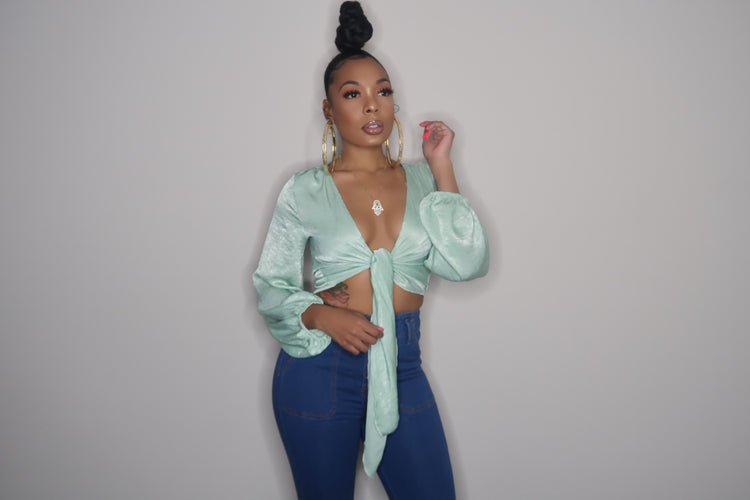 Tie front satin cropped top with bell sleeves
