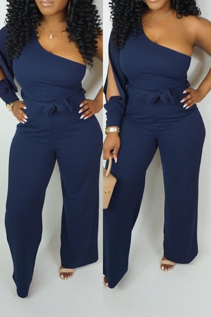 off one shoulder pierced belted wide leg jumpsuit