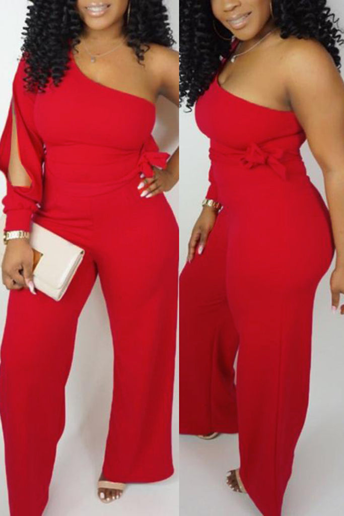 off one shoulder pierced belted wide leg jumpsuit