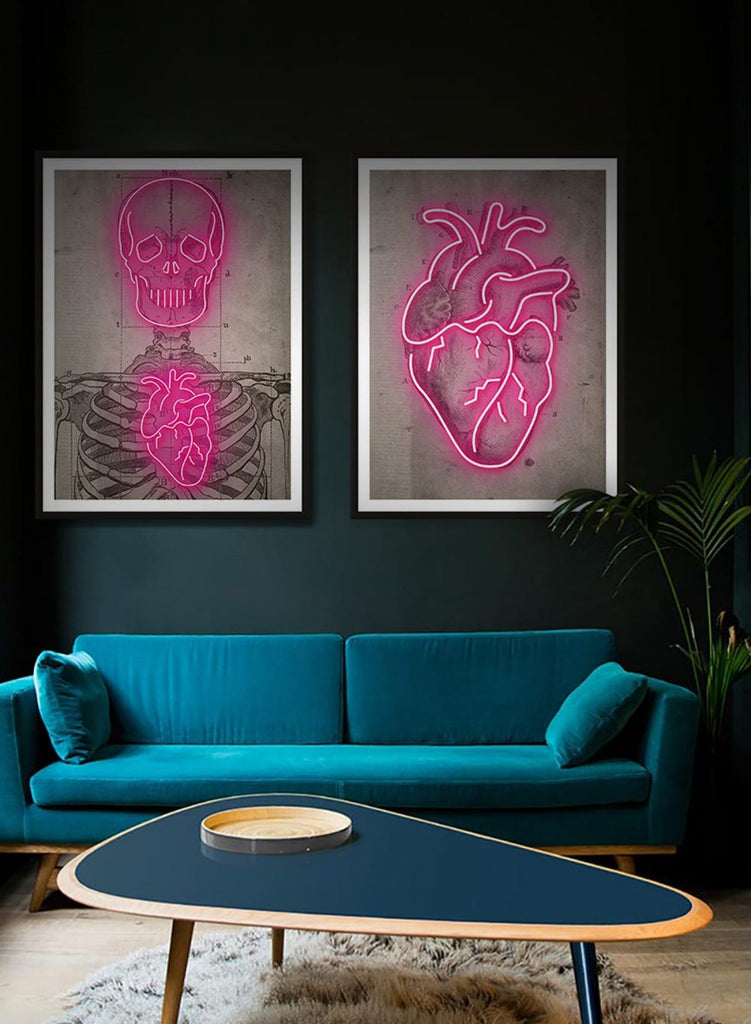 Neon Skull and Heart Sign Print