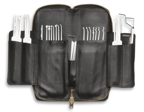 Originally designed for Japanese and European locks, our Slimline Lock Picks have proven to be an excellent choice for all U.S. pin tumbler locks as well - especially those with narrow or small keyways. This SouthOrd Slim Line thirty-eight piece set includes fifteen picks with metal handles, fifteen standard picks, seven different tension tools, and a broken key extractor, housed in our luggage quality zippered top grain leather case.