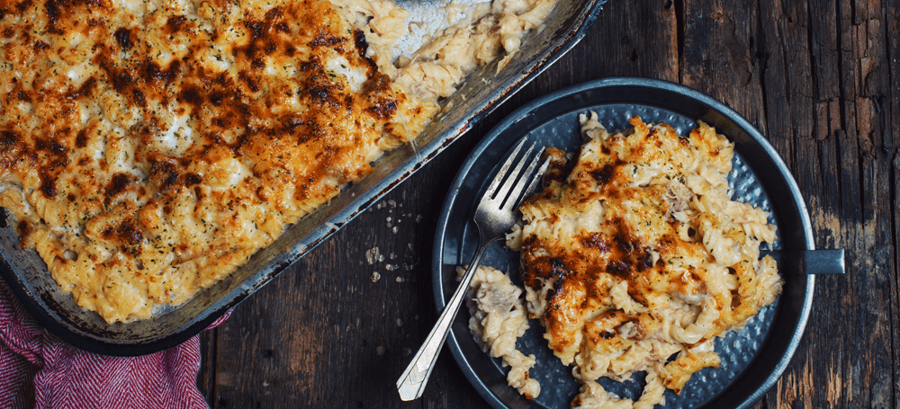 cheese covered rotini with pork meat