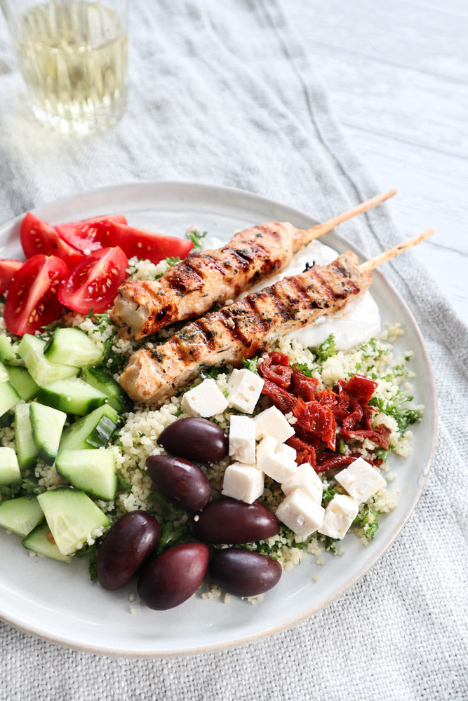 mezze bowl with chicken souvlaki