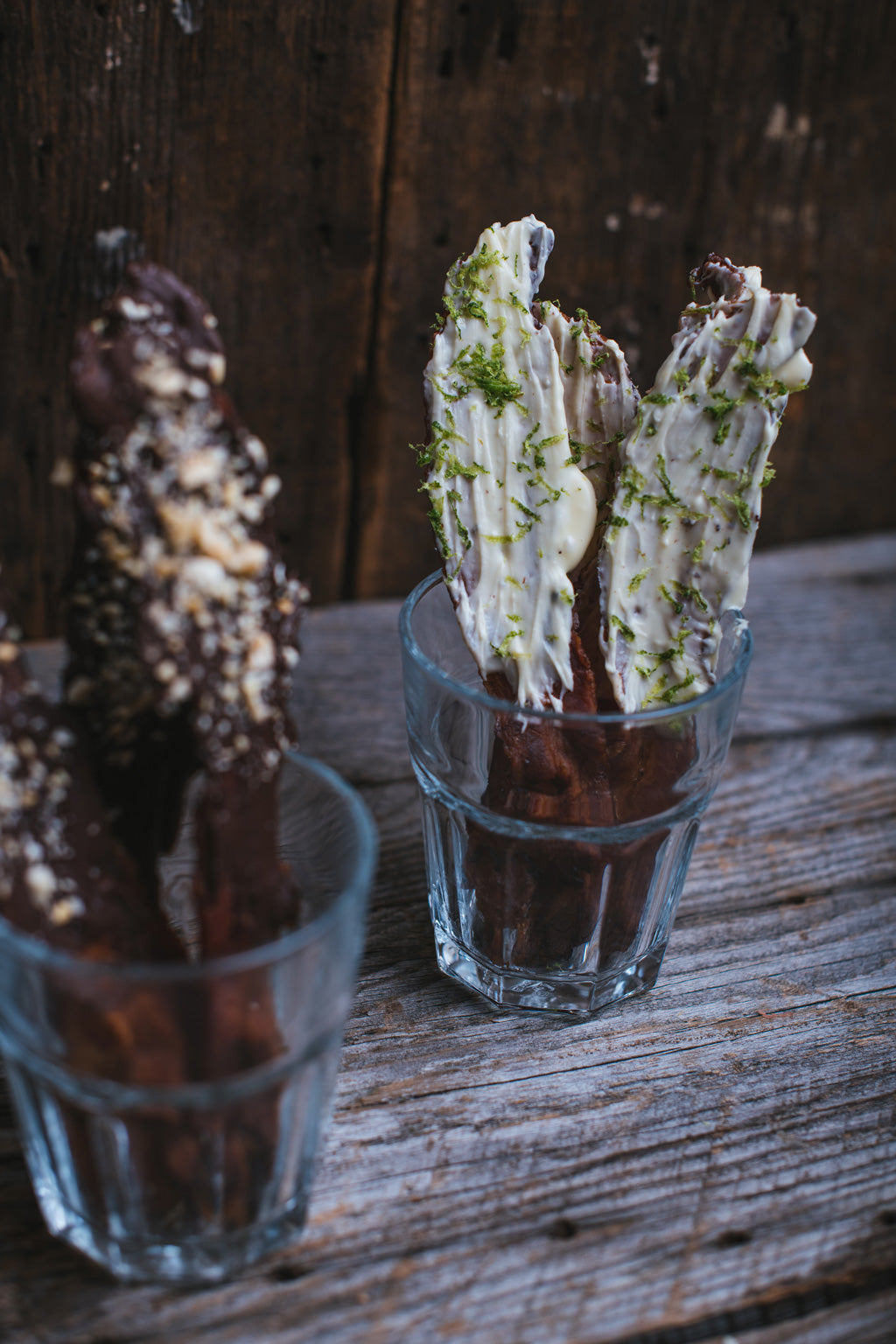 chocolate covered bacon in glasses