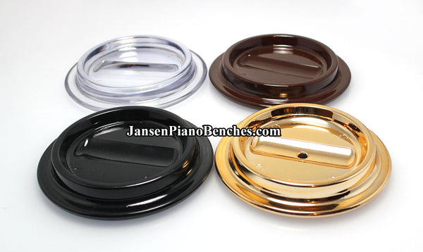 lucite piano caster cup color options black brown clear and brass
