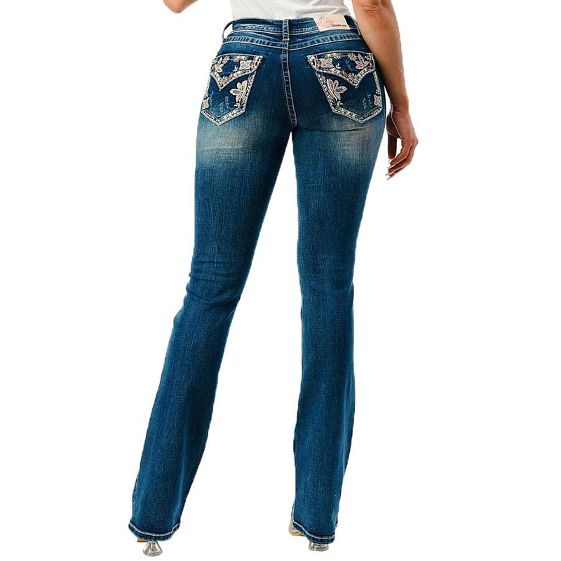 Grace in LA Women's Floral Faux Flap Bootcut Jeans