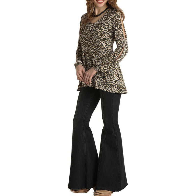 Panhandle Women's Slit Sleeve Cheetah Print Blouse