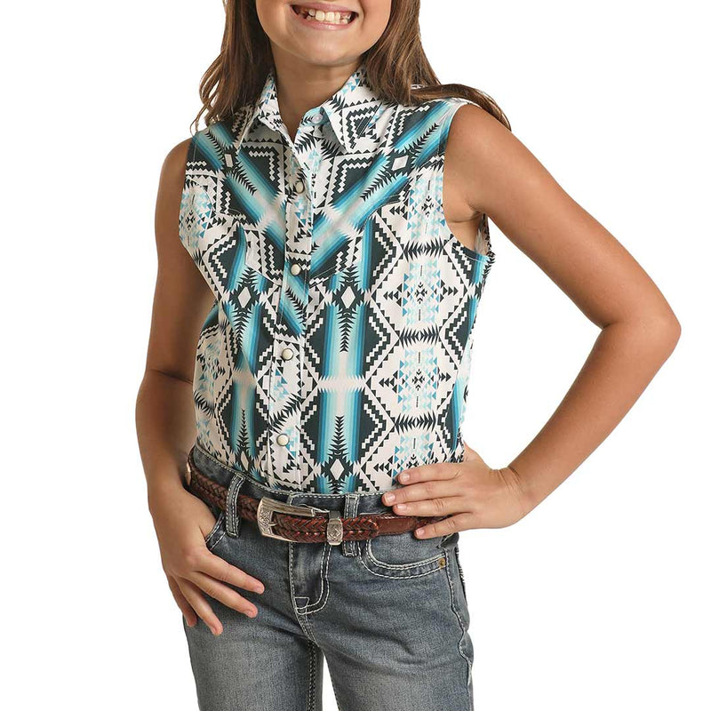 Rock & Roll Cowgirl Girls' Aztec Print Sleeveless Snap Shirt