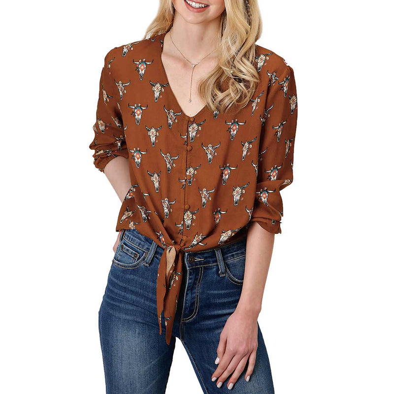 Roper Women's Skull Print Tie Front Blouse