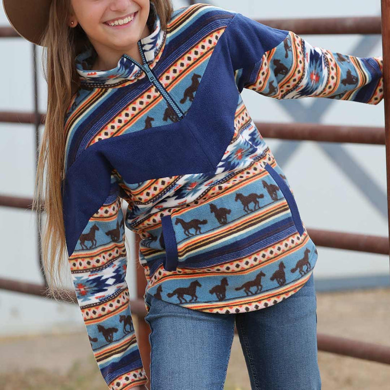 Cruel Denim Girls' Aztec Horse 1/4 Zip Polar Fleece Pullover