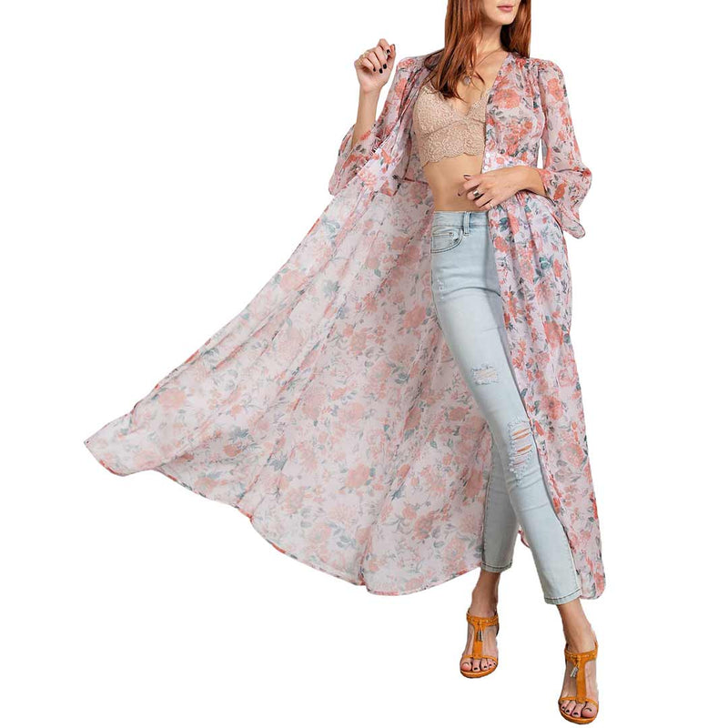 Easel Women's Empire Button Waist Floral Kimono