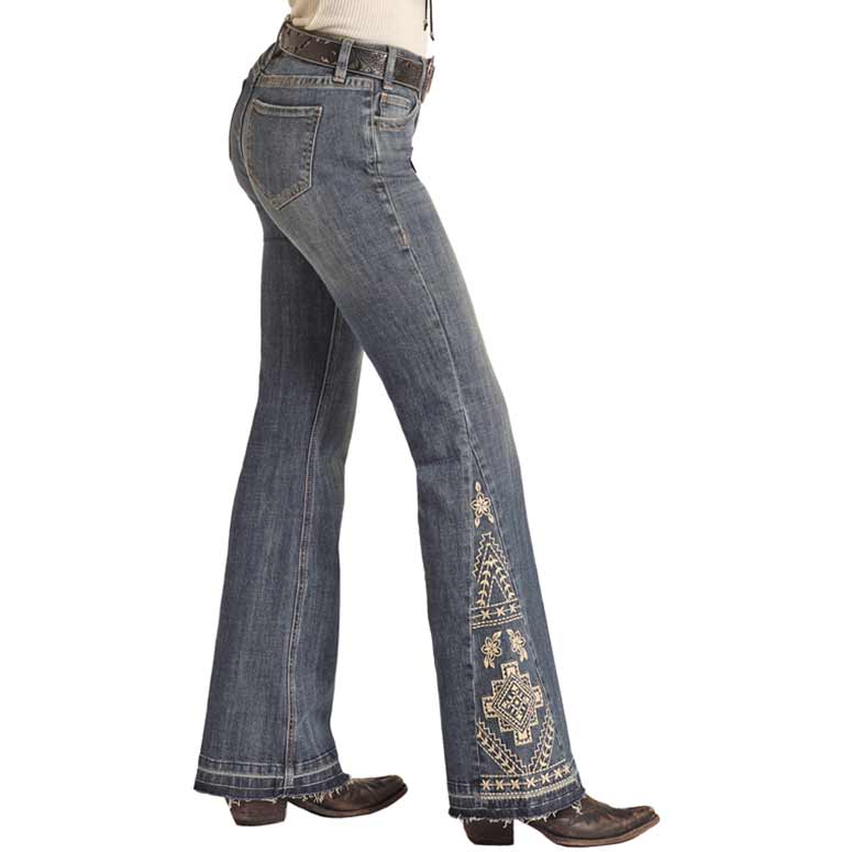 Rock & Roll Denim Women's Aztec Mid Rise Stretch Flare Leg Trouser Jeans