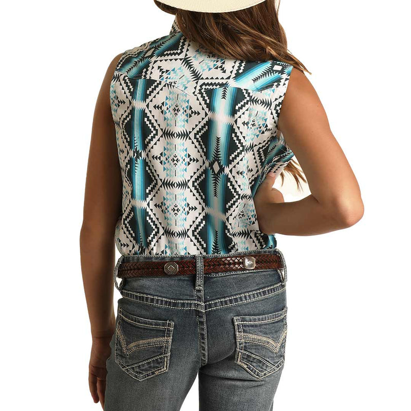 Rock & Roll Cowgirl Girls' Aztec Print Sleeveless Snap Shirt