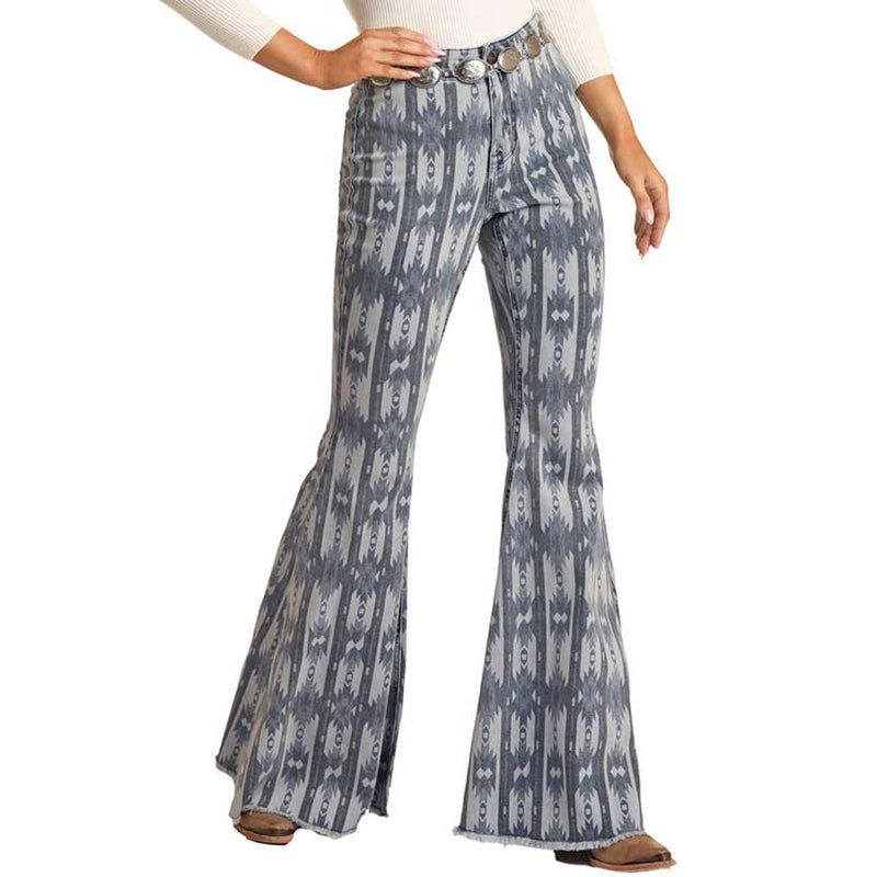 Rock & Roll Denim Women's High Rise Extra Stretch Aztec Print Bell Bottom Jeans