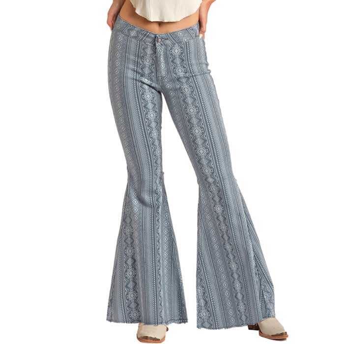 Rock & Roll Denim Women's High Rise Extra Stretch Aztec Print Bell Bottom Jeans