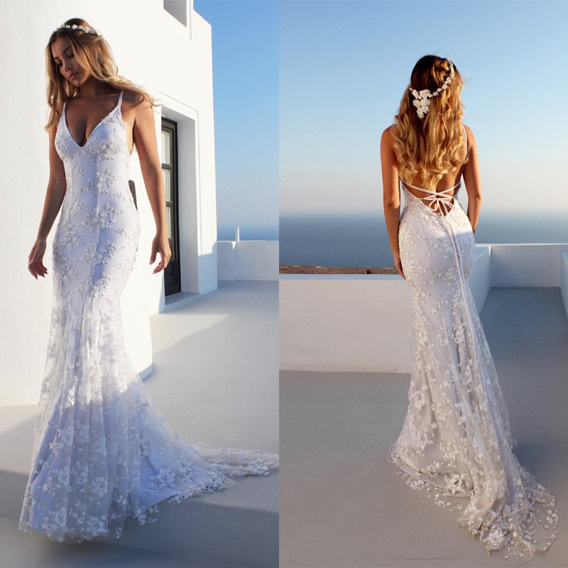 soft lace sheath wedding dress with low back