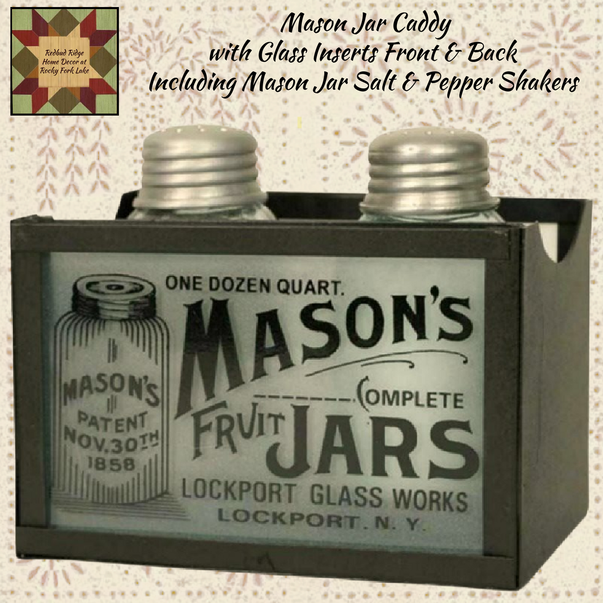 Mason Jar Salt & Pepper Shakers with Caddy Holder Vintage Antique Style Brown 