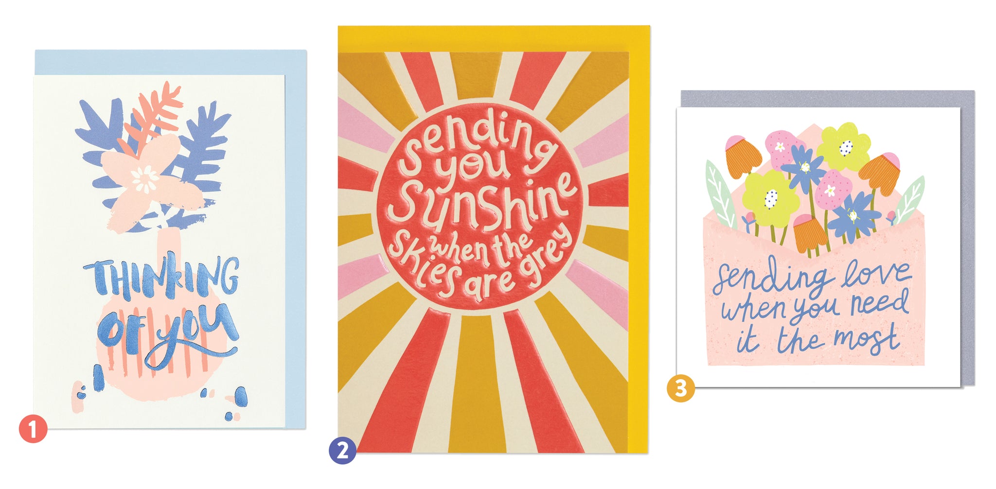 Three heartfelt Raspberry Blossom design sympathy cards