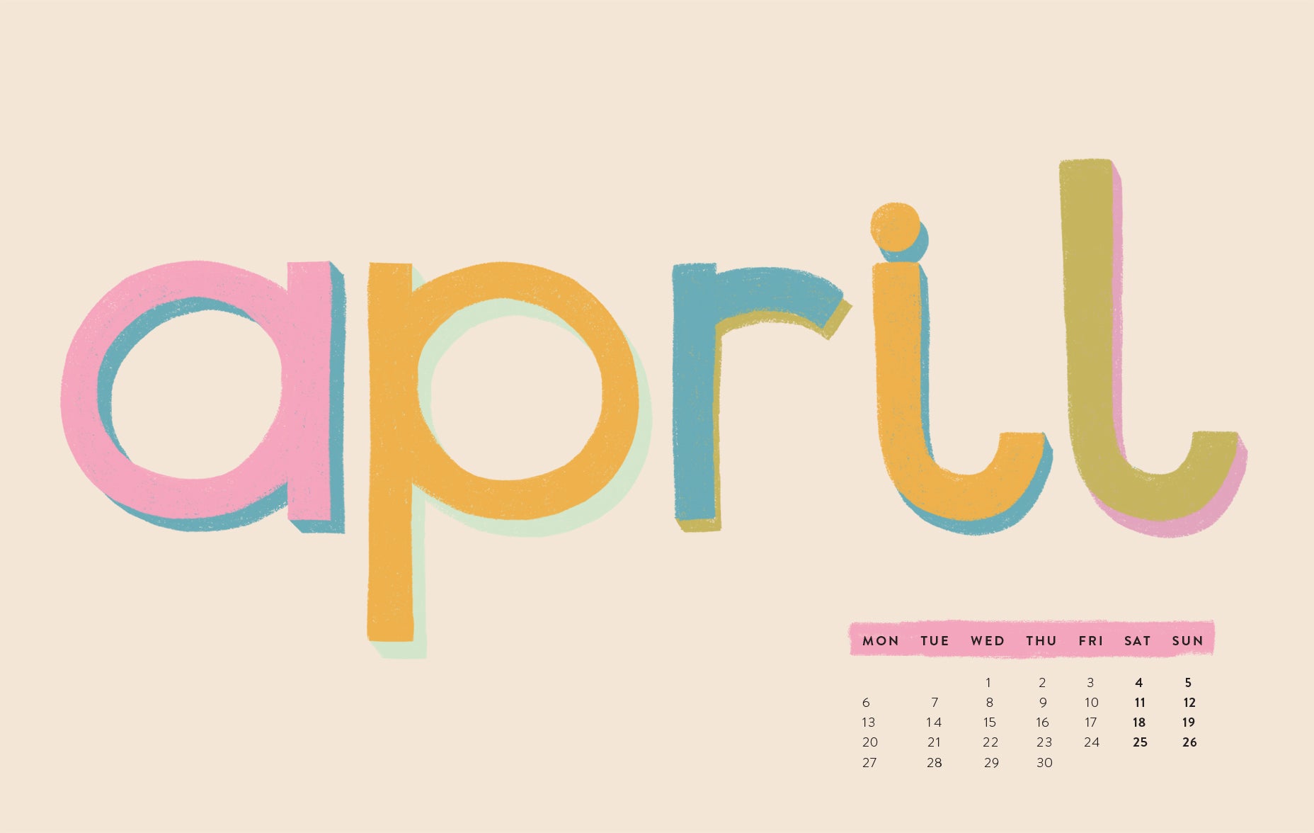 Typographic April month calendar desktop wallpaper