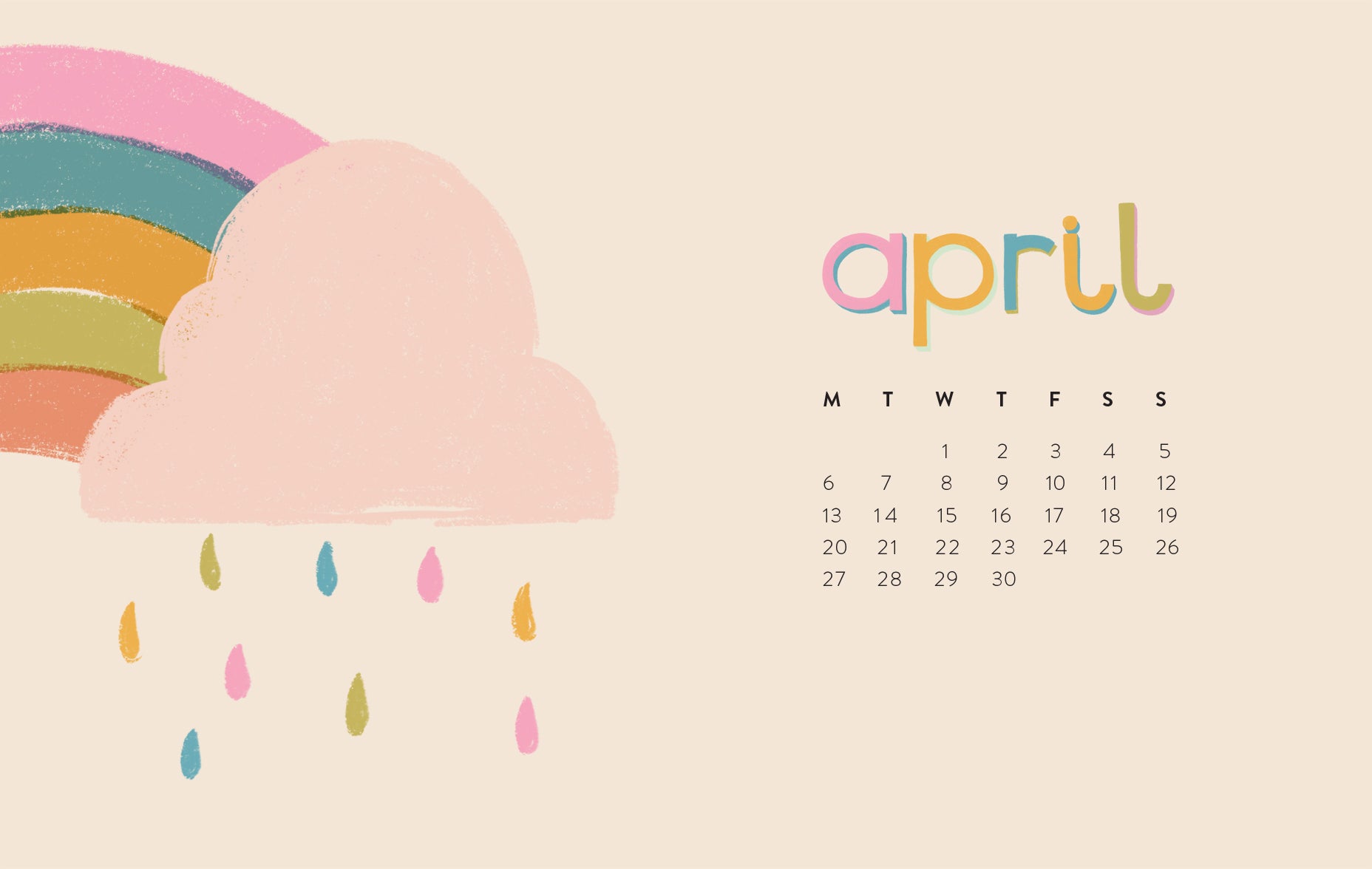 Illustrated colourful rainbow and cloud desktop wallpaper with April month calendar