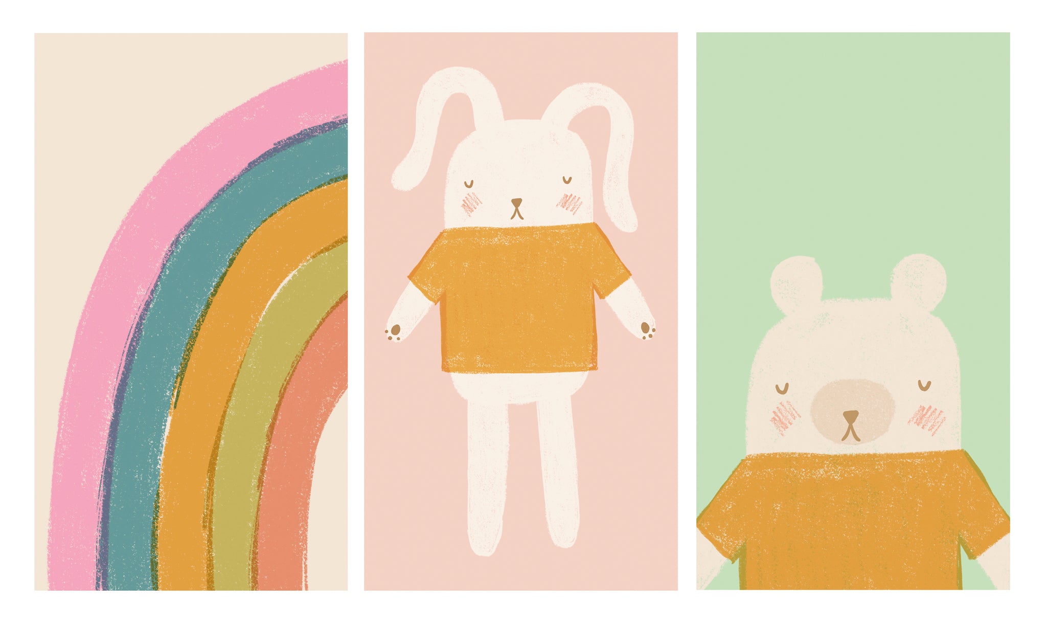Three phone background designs. Colourful half rainbow, illustrated teddy bear on blush background and an illustrated teddy bear on a mint background